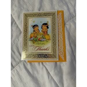 Happy Thanksgiving Card Greeting Give Thanks Native American Autumn Fall